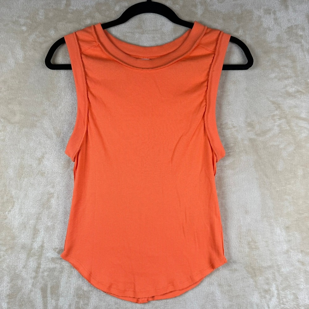 We The Free People Orange Ribbed Muscle Tank Top Large Boho Minimalist Vibrant